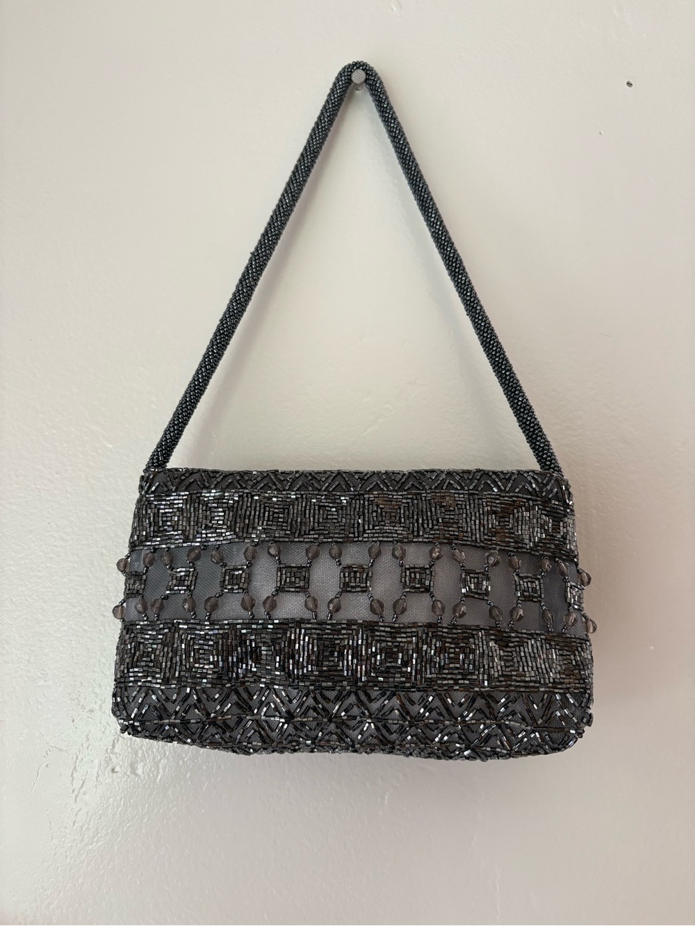 Vintage Beaded Black and Gray Shoulder Bag 8.5x5.5”